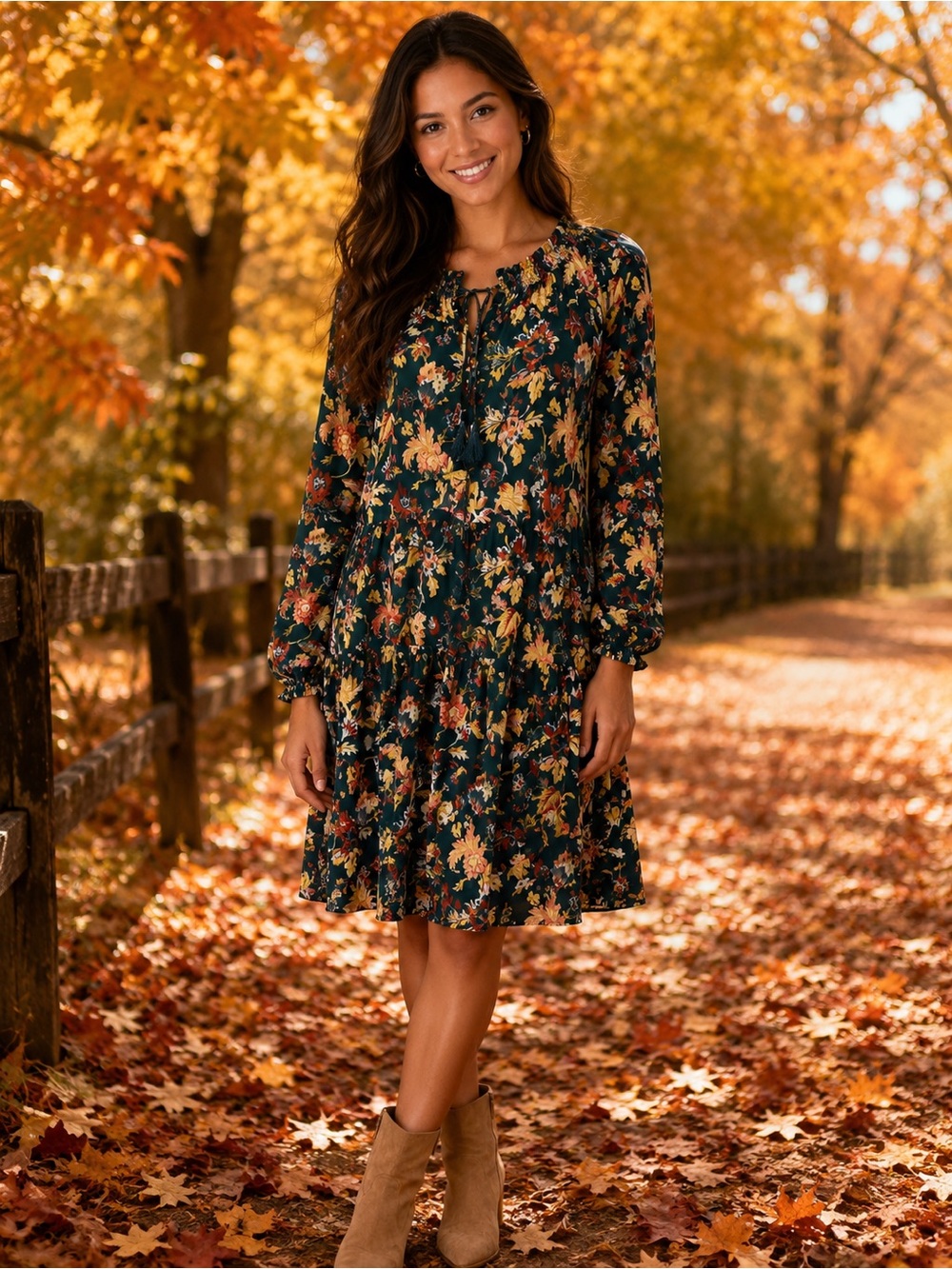 Frye Dark Green Floral Tiered Long-Sleeve Dress